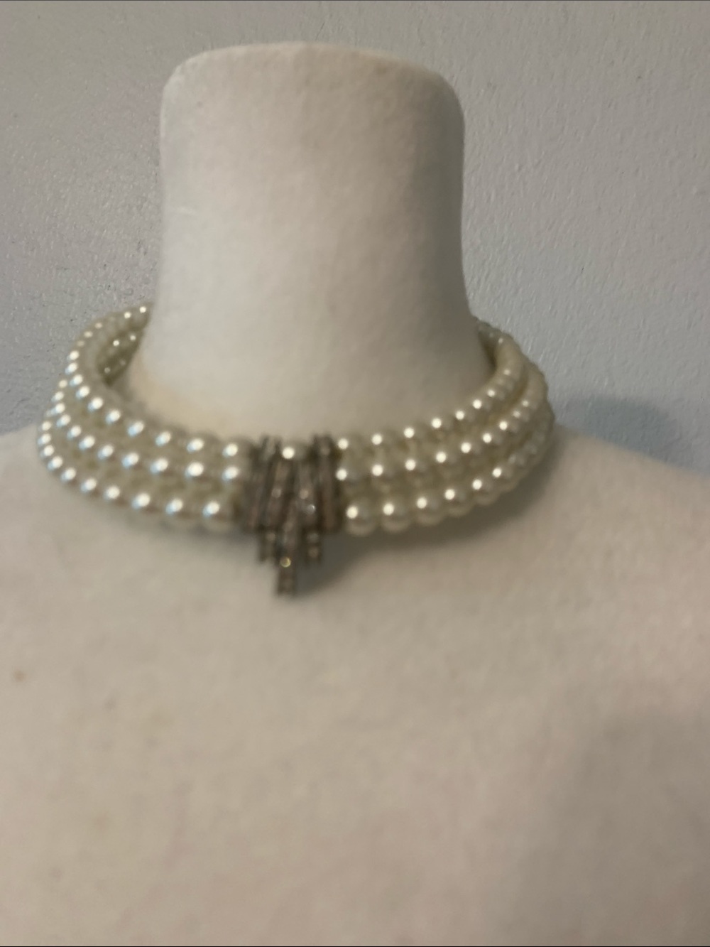 Triple Strand White Pearl Choker Necklace with Silver Accent